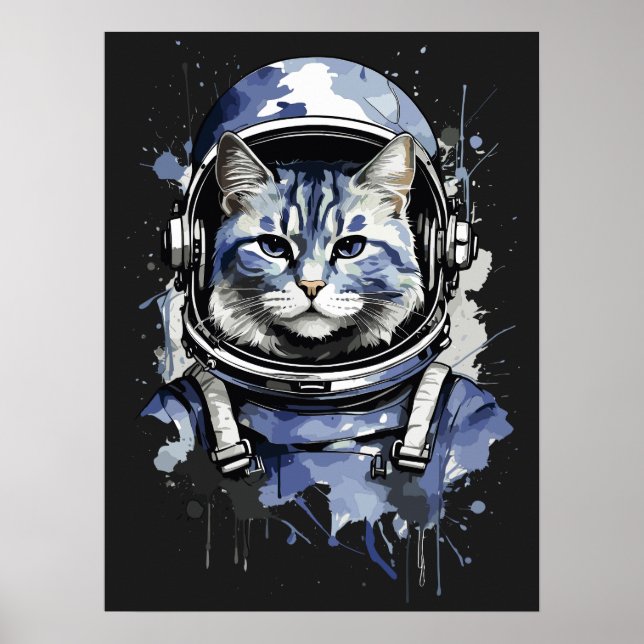 Póster Diseño de salpicaduras de gato de astronauta azul (Frente)