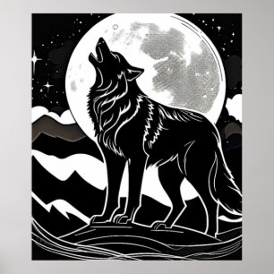 Póster Diseño de silueta de lobo nocturno