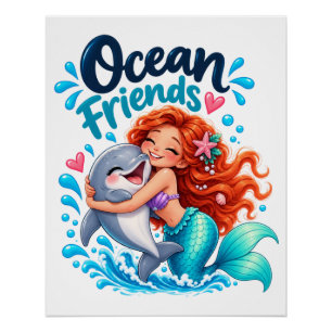 Póster Diseño de sirena linda con amigos delfines en el o