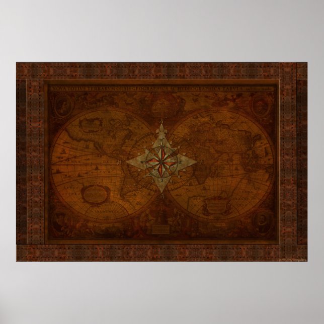 Póster Diseño de Steampunk Old World Map y Compass Rosa (Frente)