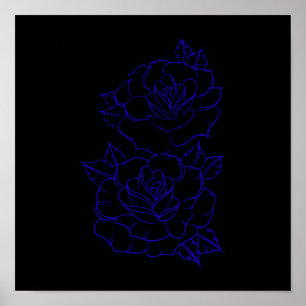 Póster Diseño de tatuaje de línea de rosa azul dual