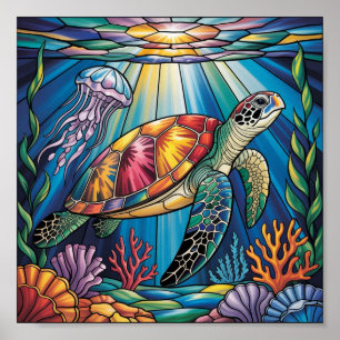 Póster Diseño de tortuga marina de vidrio tintado vibrant