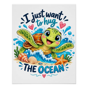 Póster Diseño de tortuga oceánica adorable que abraza el