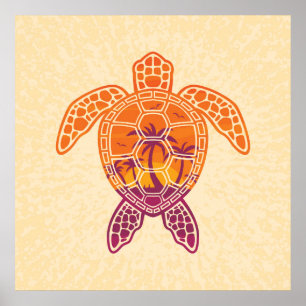 Póster Diseño de tortuga tropical de mar con atardecer