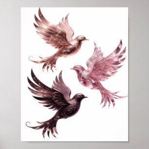 Póster Diseño de TRES PÁJAROS ROSAS plateado que llama la
