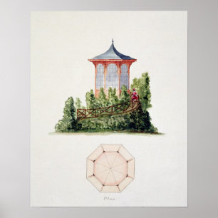 Póster Diseño de un pabellón de estilo oriental simplific