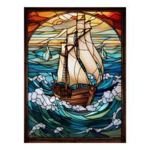Póster Diseño de ventana de vidrio emplomado de barco alt
