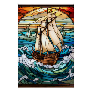 Póster Diseño de ventana de vidrio emplomado de barco alt