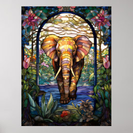 Póster Diseño de ventana de vidrio emplomado de elefante