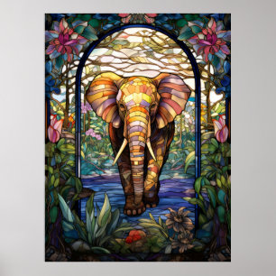 Póster Diseño de ventana de vidrio emplomado de elefante