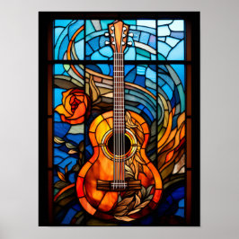 Póster Diseño de ventana de vidrio emplomado de guitarra