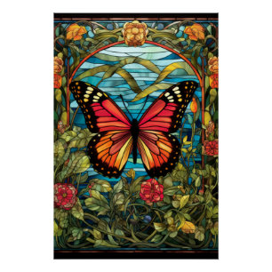 Póster Diseño de ventana de vidrio emplomado de mariposa