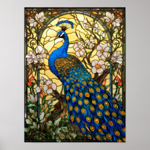 Póster Diseño de ventana de vidrio emplomado de pavo real