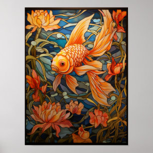 Póster Diseño de ventana de vidrio emplomado de pez dorad