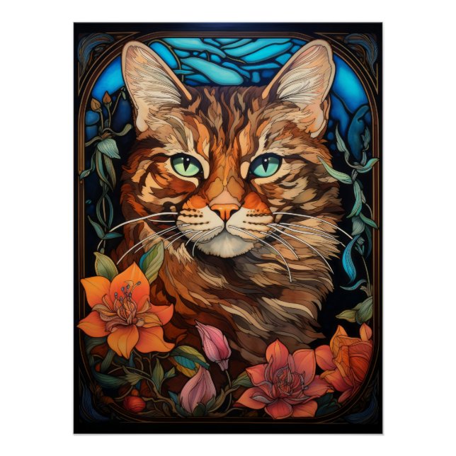 Póster Diseño de ventana de vidrio manchado de gato tabby (Anverso)