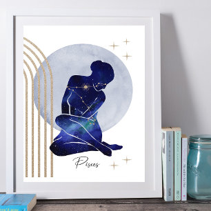 Póster Diseño de zodiaco de oro azul femenino Pisces