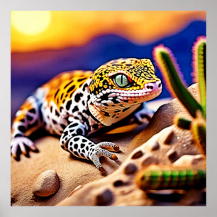 Póster Diseño del desierto Cute Leopard Gecko Sunset