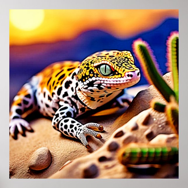 Póster Diseño del desierto Cute Leopard Gecko Sunset (Frente)