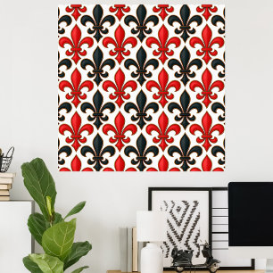 Póster Diseño del patrón rojo negro barroco Fleur-de-lis