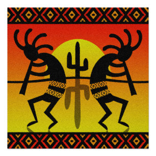 Póster Diseño del sudoeste de Kokopelli del cactus de Sun