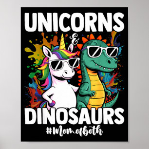 Póster Diseño divertido de unicornio y dinosaurio para cu