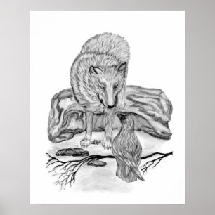 Póster Diseño en blanco y negro de lobo y cuervo