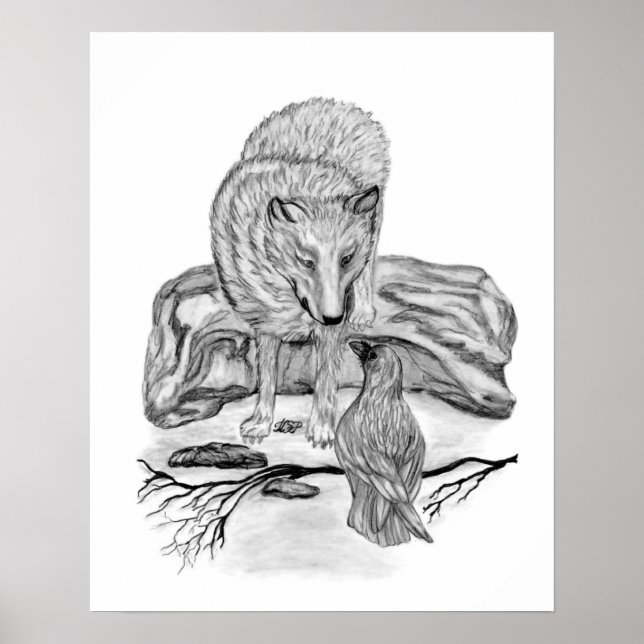 Póster Diseño en blanco y negro de lobo y cuervo (Frente)