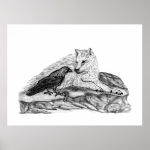 Póster Diseño en blanco y negro de Wolf y Raven