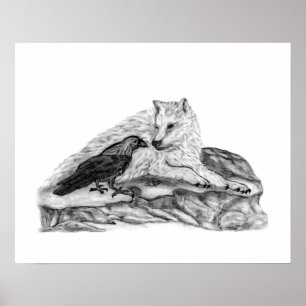 Póster Diseño en blanco y negro de Wolf y Raven