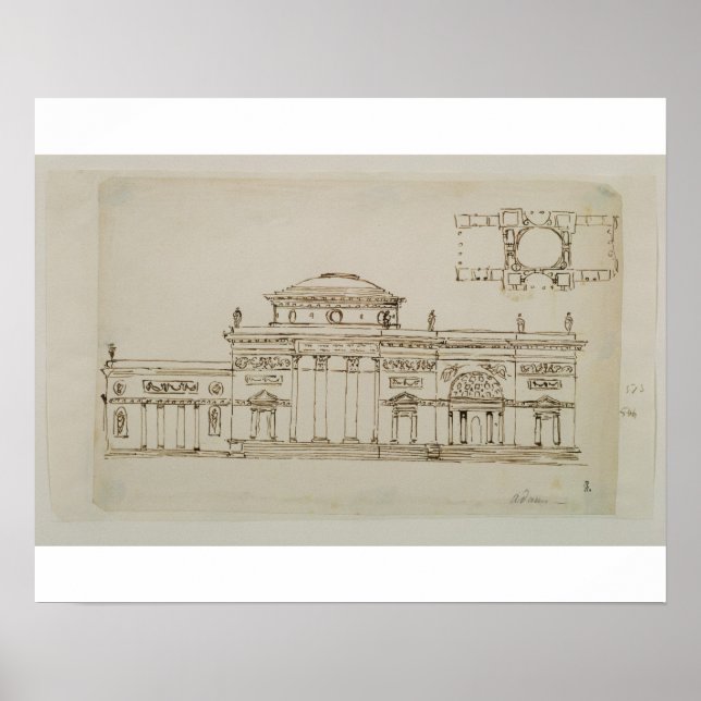 Póster Diseño esbozado para un edificio de cúpula (pluma  (Frente)