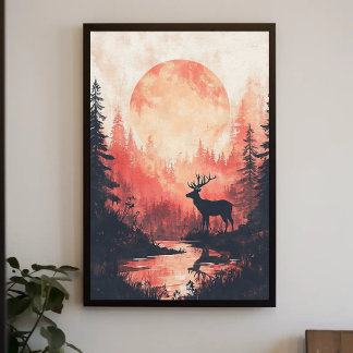 Póster Diseño estético de poster Sunset Deer Silhouette
