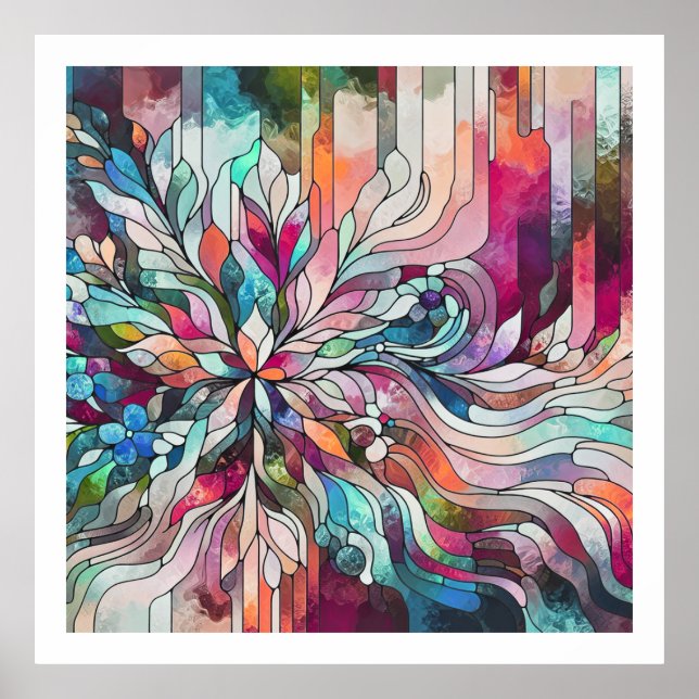 Póster Diseño Floral Abstracto de Vidrio Teñido (Frente)