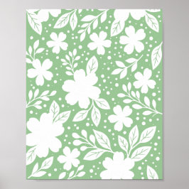 Póster Diseño floral blanco sobre fondo verde suave