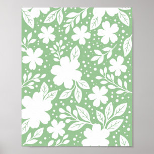 Póster Diseño floral blanco sobre fondo verde suave