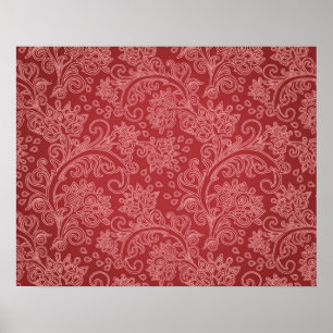 Póster Diseño floral clásico de damasco de paisley rojo