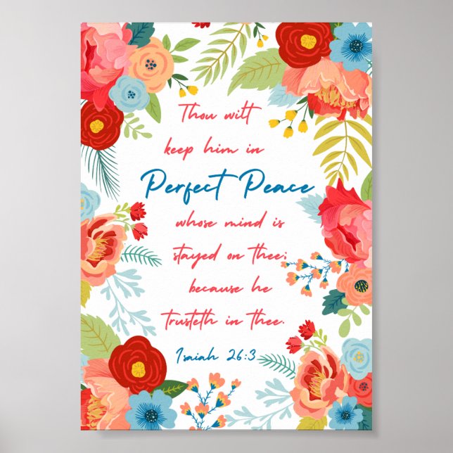 Póster Diseño Floral de paz perfecto Isaiah 26:3 KJV (Frente)
