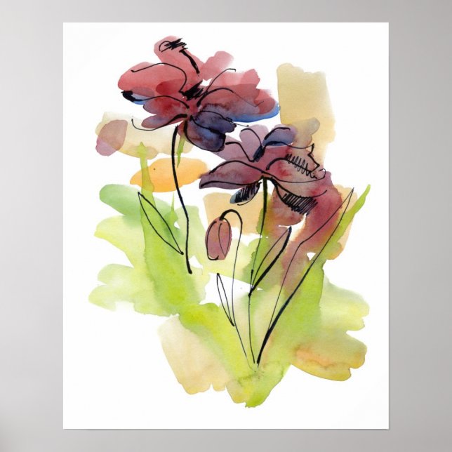 Póster Diseño floral de verano con abstracto pintado a ma (Frente)