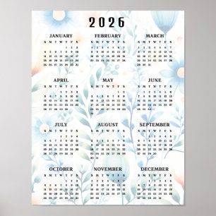 Póster Diseño Floral Ligero Calendario de Pared 20256