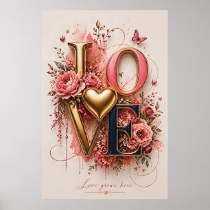 Póster Diseño floral LOVE de lujo en oro