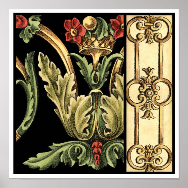 Póster Diseño floral ornamental con bordes negros (Frente)