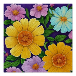 Póster Diseño floral vibrante sobre fondo púrpura