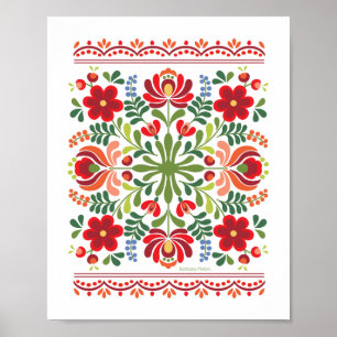 Póster Diseño folclórico húngaro rojo y rosa