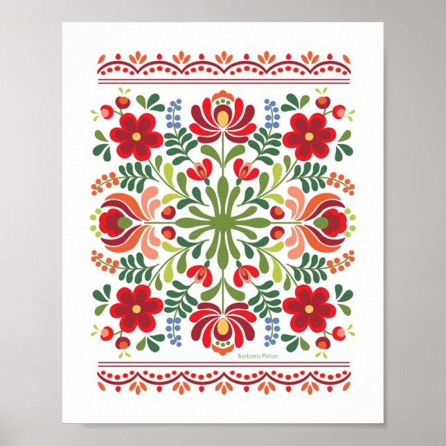 Póster Diseño folclórico húngaro rojo y rosa (Frente)