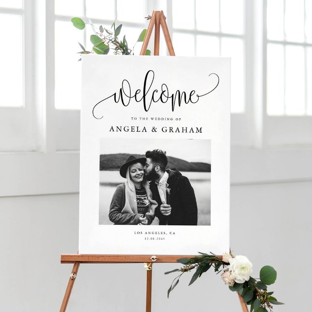 Póster Diseño fotográfico del Boda de caligrafía de Bonit (Elegant photo wedding entrance welcome sign with black calligraphy and minimalist script.)