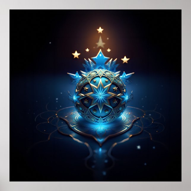 Póster Diseño Fractal Blanco Azul Con Estrellas (Frente)