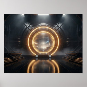 Póster Diseño futurista de horizonte solar negro y dorado