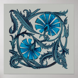 Póster diseño gráfico de flores antiguas azules vintage