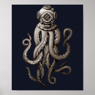 Póster Diseño gráfico de pulpos de inmersión retro vintag