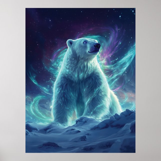 Póster Diseño majestuoso de oso polar con luces boreales (Frente)