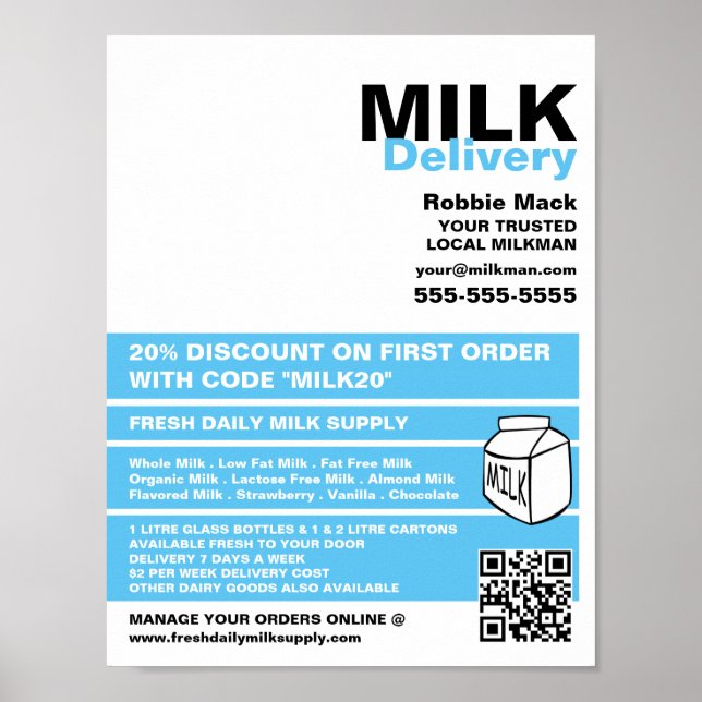 Póster Diseño moderno y audaz, entrega de leche/mujer (Frente)